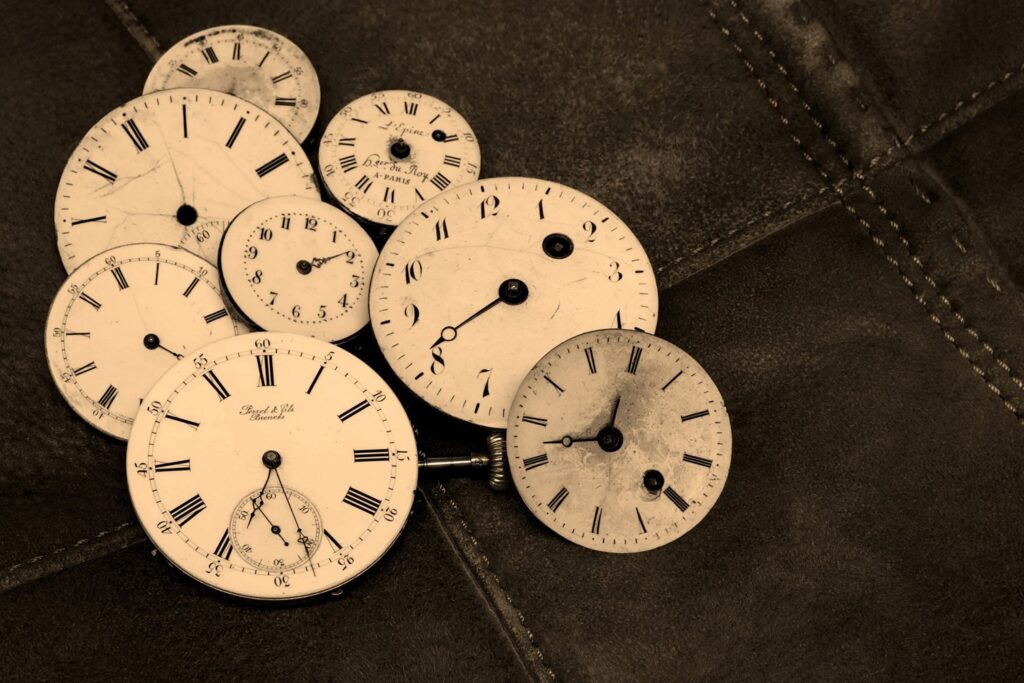 A collection of clock faces, implying that we are thinking about time commitment for meetings and various tasks