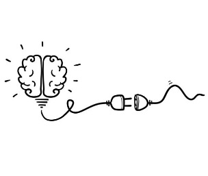 Illustration of a brain with cord attached plugging into a socket. How mindfulness can combat burnout.