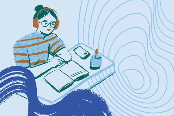 illustration of a person writing in a journal, wearing headphones and burning a candle.