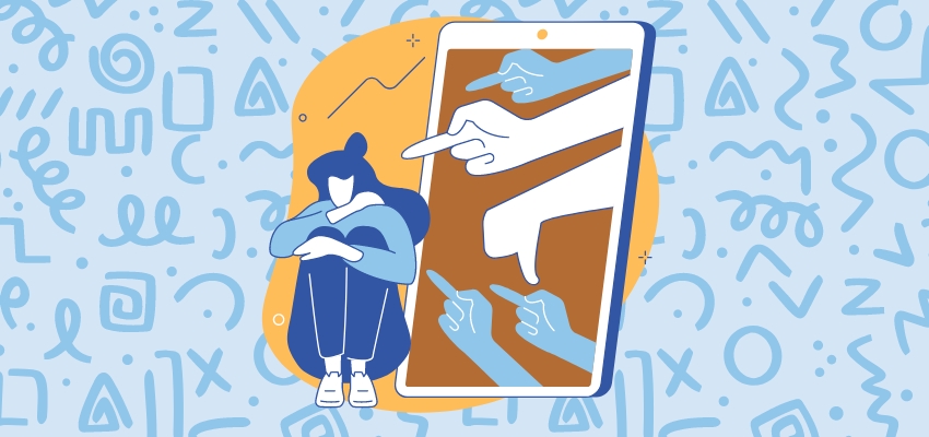 Graphic with blue background and squiggles. Illustration of a person seated, holding their knees. There is a large device next to them with fingers pointing towards them.