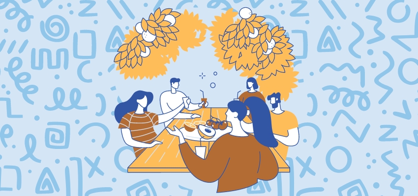 Graphic with blue background and squiggles. Illustration in center of a group of people eating around a table.