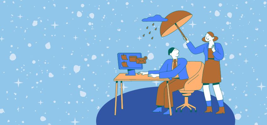 offering emotional support without fixing: illustration of a sad person sitting at a desk, and a person standing behind them is holding an umbrella over their head to block the rain cloud above them.