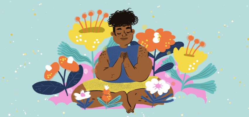 new year, new you, illustration of a brown person with legs folded, palms together, and eyes closed, smiling, surround by colorful flowers