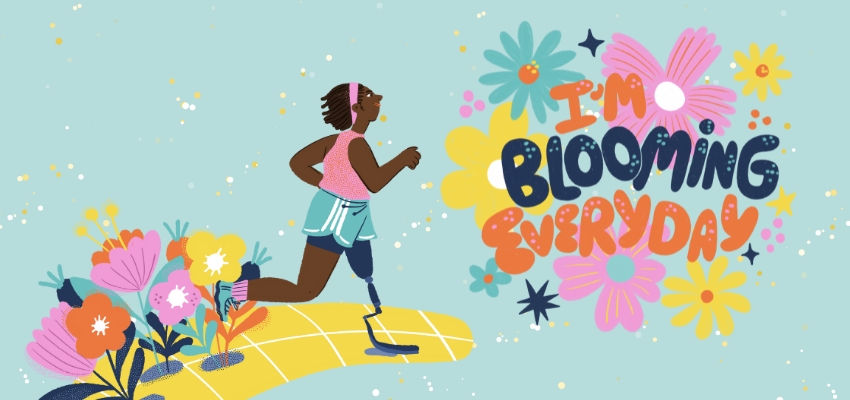 new year new you, illustration of a brown person running, with flowers blooming behind them, on the right lettering says I'm blooming everyday.