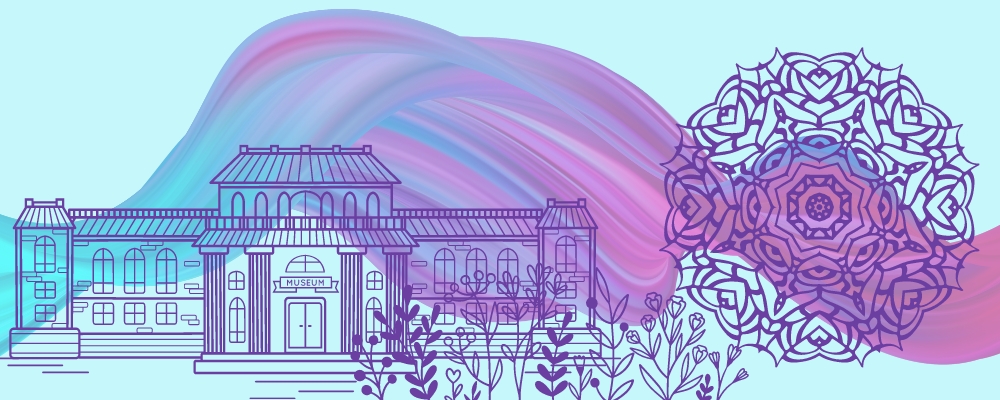 Let's get creative, illustration of a museum, plants and a zen tangle over top of a flowing path of colors.