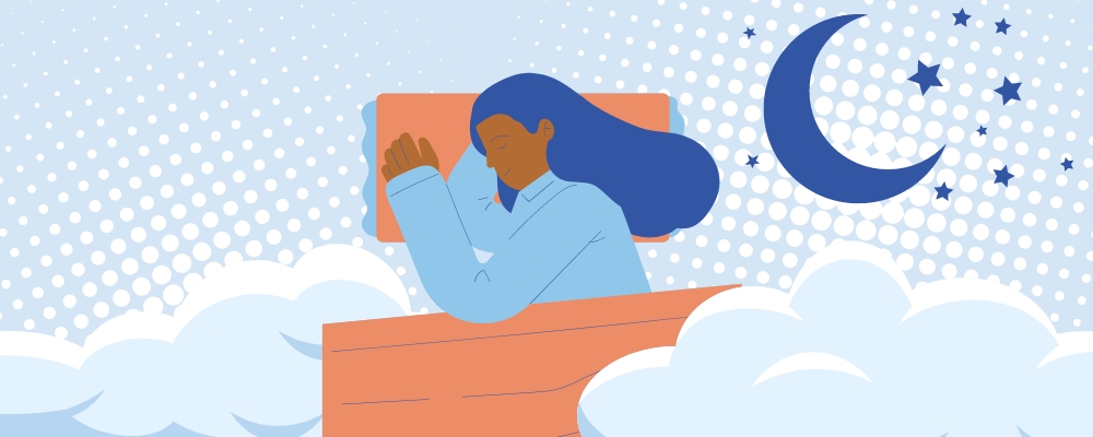 embracing boredom, illustration of a woman sleeping with clouds surrounding her and a moon with stars in the sky
