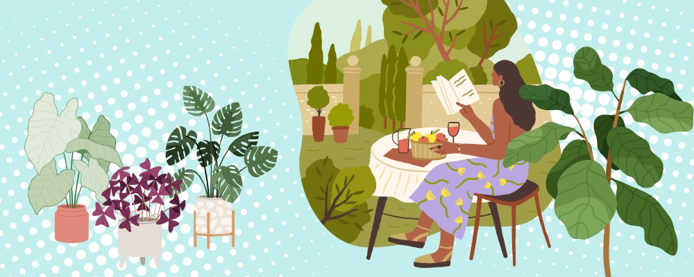 embracing boredom, illustration of a woman reading a book outside with fruit and drinks, surrounded by plants
