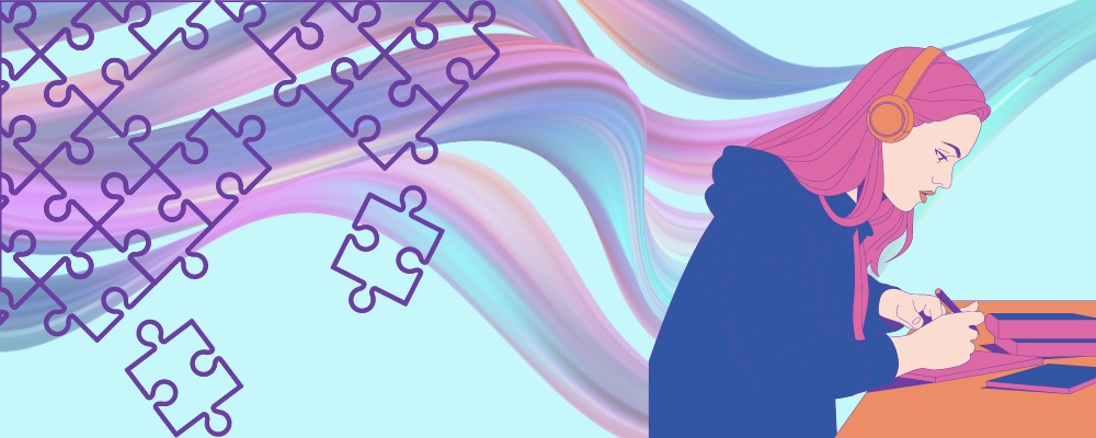 Let's get creative, illustration of a person writing at a desk with headphones on. The background is abstract flowing colors with outlines of puzzle pieces overlaid. 